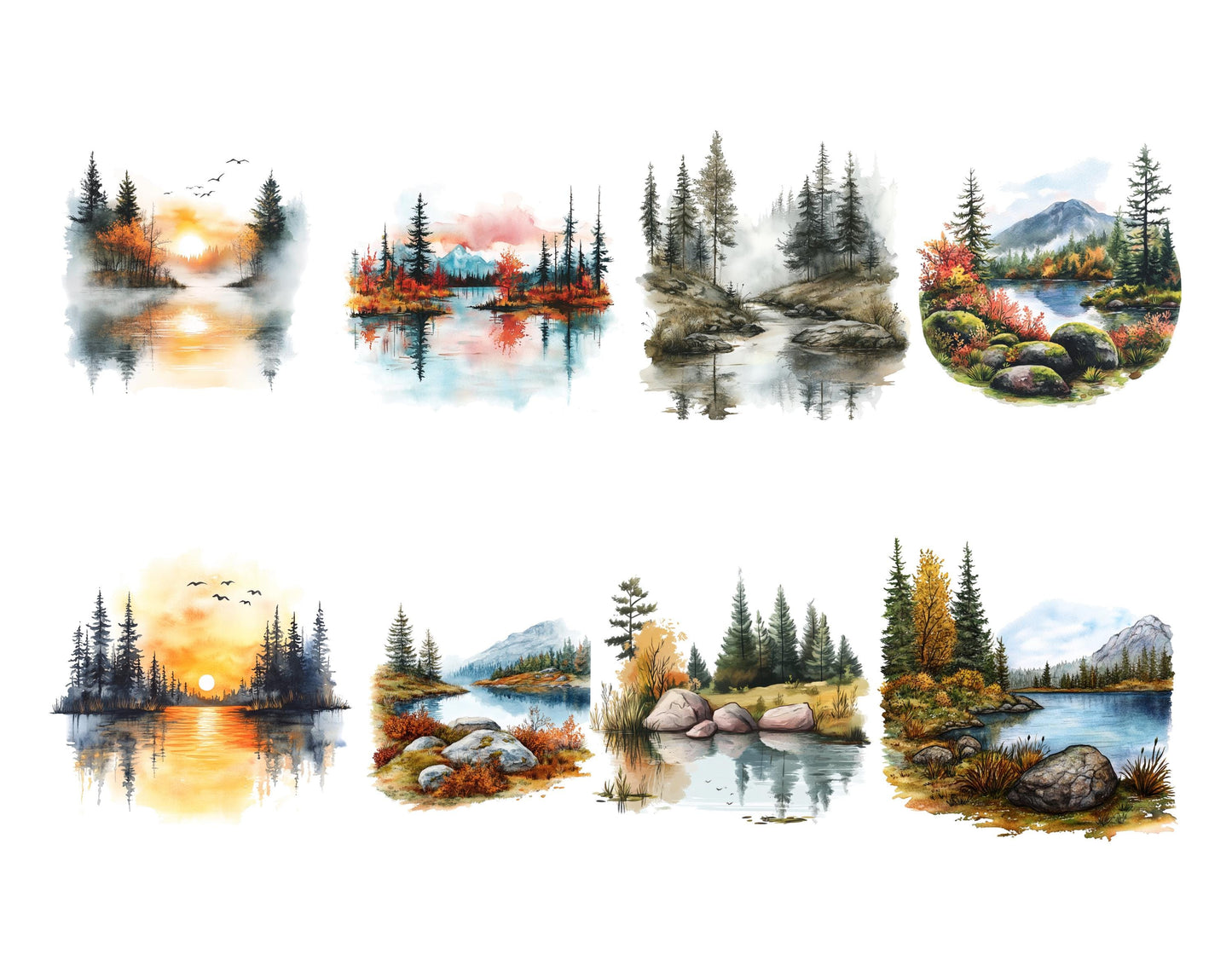 Lake Landscape Clipart Bundle, Landscape Clipart, Lake Clipart png Bundle, Watercolor Lake Landscape Clipart, Lake Sunrise Clipart