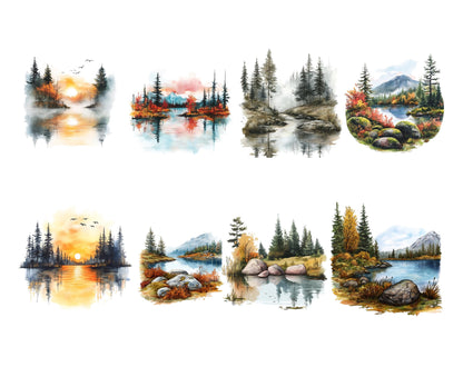 Lake Landscape Clipart Bundle, Landscape Clipart, Lake Clipart png Bundle, Watercolor Lake Landscape Clipart, Lake Sunrise Clipart