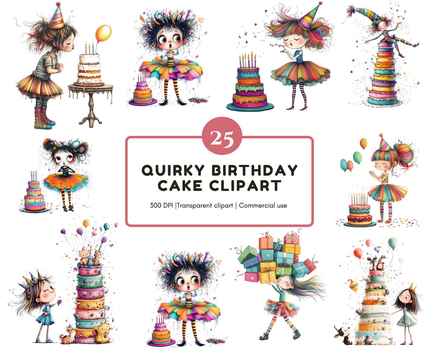 Quirky Birthday Cake Clipart png Bundle, Quirky Girl Birthday Clipart, Quirky Birthday Cake Clipart, Birthday Cake png, Birthday Girl png