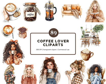 Coffee Lover Clipart Bundle, Watercolor Style (Digital Download)