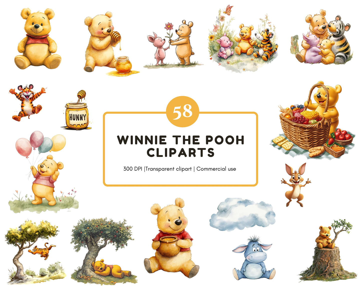 Watercolor Winnie the Pooh Clipart Bundle (Digital Download)