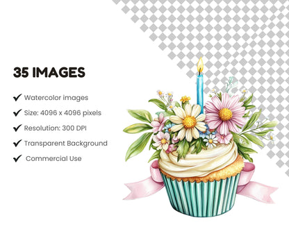 Watercolor Birthday Cupcake Clipart png Bundle, Birthday Cake Clipart, Cupcakes Clipart png, Cupcake png Bundle, Flower Cupcake Clipart
