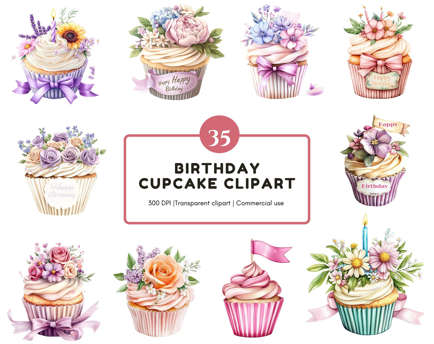 Watercolor Birthday Cupcake Clipart png Bundle, Birthday Cake Clipart, Cupcakes Clipart png, Cupcake png Bundle, Flower Cupcake Clipart