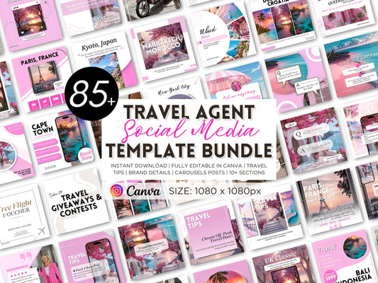 Travel Agent Social Media Templates: 85+ Canva Editable Posts (Digital Download)