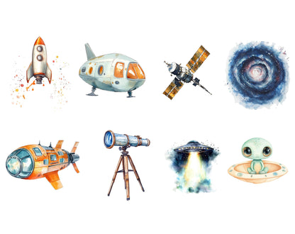 Watercolor Space Clipart Bundle, Astronauts, Rockets (Digital Download)