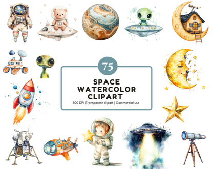Watercolor Space Clipart Bundle, Astronauts, Rockets (Digital Download)
