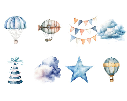 Watercolor Air Transport Clipart Bundle, Airplane, Balloons (Instant Download)
