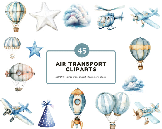 Watercolor Air Transport Clipart Bundle, Airplane, Balloons (Instant Download)