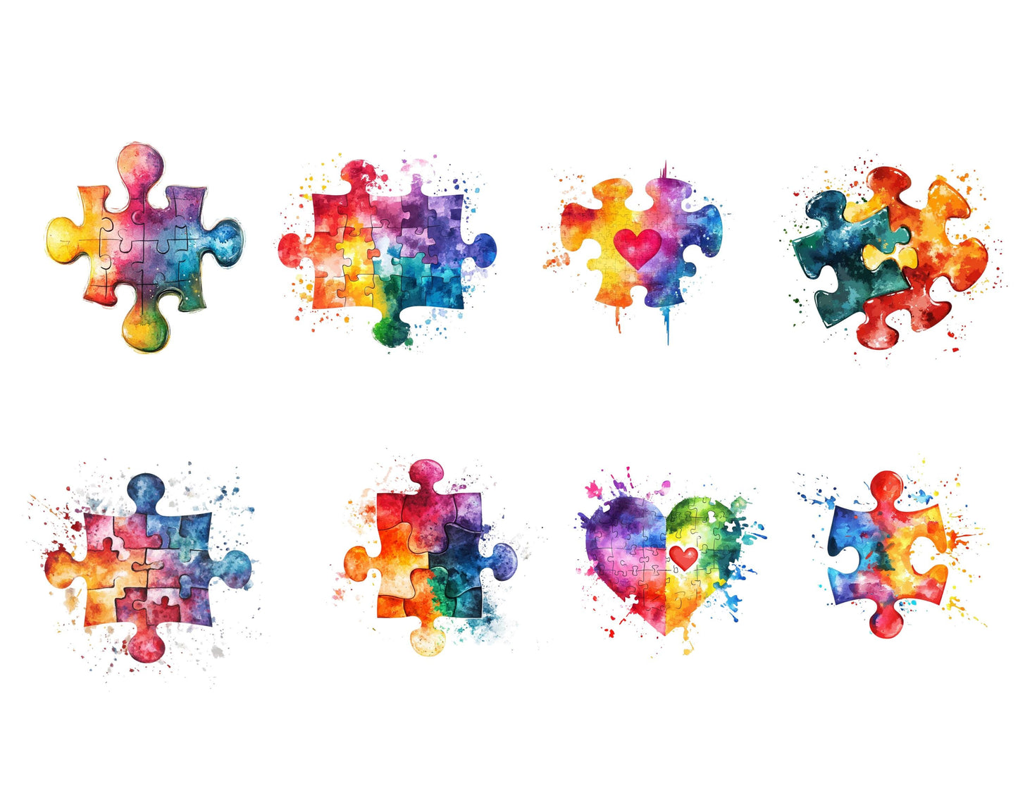 Watercolor Autism Awareness Clipart Bundle, Colorful Puzzle Piece Autism Awareness png, Autism Puzzle Heart Clipart, Autism Awareness Bundle