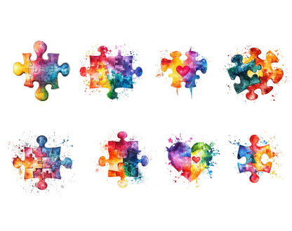 Watercolor Autism Awareness Clipart Bundle, Colorful Puzzle Piece Autism Awareness png, Autism Puzzle Heart Clipart, Autism Awareness Bundle
