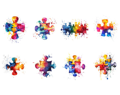 Watercolor Autism Awareness Clipart Bundle, Colorful Puzzle Piece Autism Awareness png, Autism Puzzle Heart Clipart, Autism Awareness Bundle