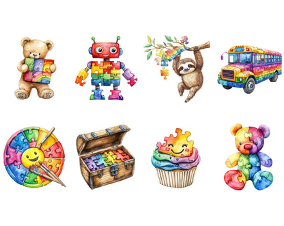 Cute Autism Awareness Clipart png Bundle, Watercolor Autism Awareness Clipart, Autism Animal Clipart, Autism Ribbon Clipart