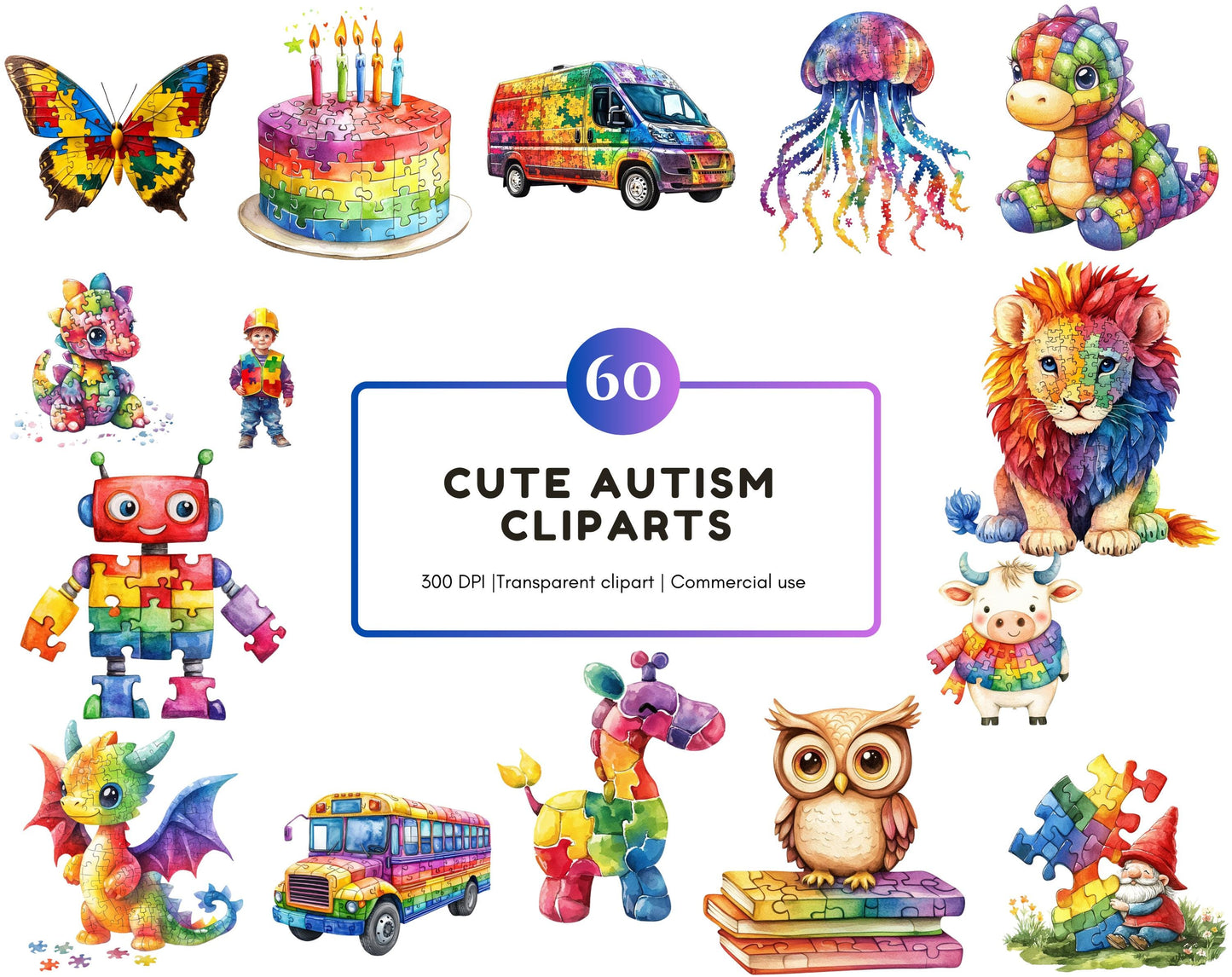 Cute Autism Awareness Clipart png Bundle, Watercolor Autism Awareness Clipart, Autism Animal Clipart, Autism Ribbon Clipart