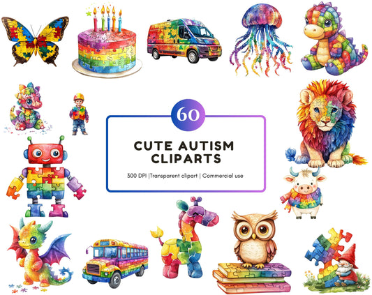 Cute Autism Awareness Clipart png Bundle, Watercolor Autism Awareness Clipart, Autism Animal Clipart, Autism Ribbon Clipart