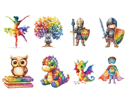 Cute Autism Awareness Clipart png Bundle, Watercolor Autism Awareness Clipart, Autism Animal Clipart, Autism Ribbon Clipart