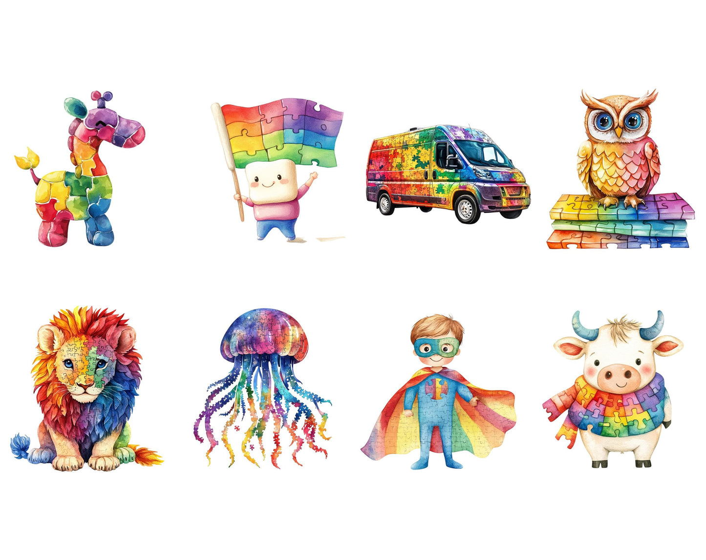 Cute Autism Awareness Clipart png Bundle, Watercolor Autism Awareness Clipart, Autism Animal Clipart, Autism Ribbon Clipart