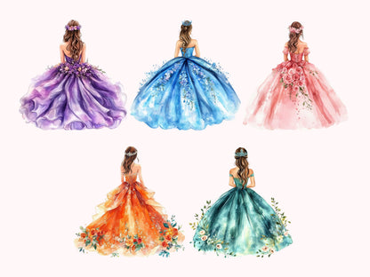 Watercolor Quinceanera Clipart Set, Quinceanera png, Quinceanera Clipart, Flowers And Crown Clipart, Quinceanera Crown Clipart png