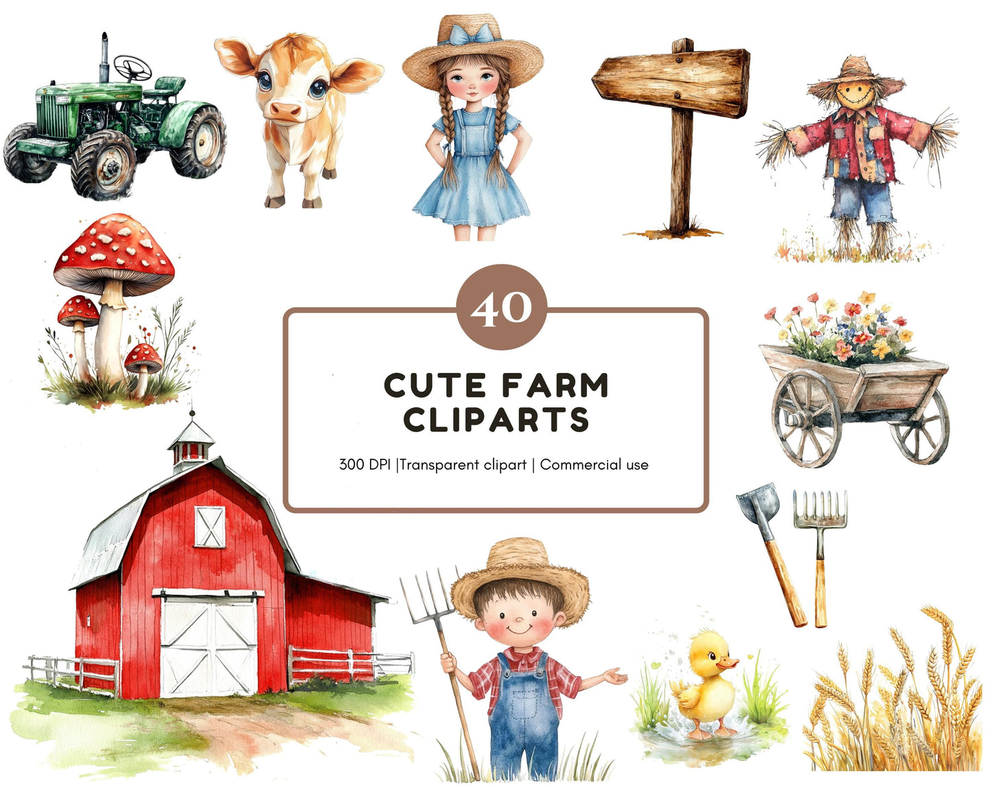 Aquarell-Bauernhof-Clipart-Set, Niedliche Bauernhof-Clipart (PNG), Bauernhoftiere-Clipart, Bauernhofleben-Clipart, Tier-Clipart, Niedlicher Bauernhof (PNG)