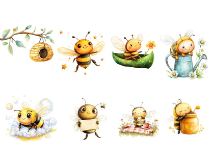 Bee Clipart Bundle png, Watercolor Bee Clipart Set, Cute Bee Clipart, Bee Hive png, Honey Comb Clipart, Honey Bees Clipart