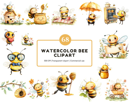 Bee Clipart Bundle png, Watercolor Bee Clipart Set, Cute Bee Clipart, Bee Hive png, Honey Comb Clipart, Honey Bees Clipart