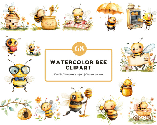 Bee Clipart Bundle png, Watercolor Bee Clipart Set, Cute Bee Clipart, Bee Hive png, Honey Comb Clipart, Honey Bees Clipart