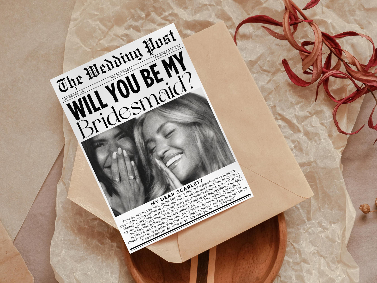 Bridesmaid Proposal Card: Newspaper Style, Editable Template (Digital Download)
