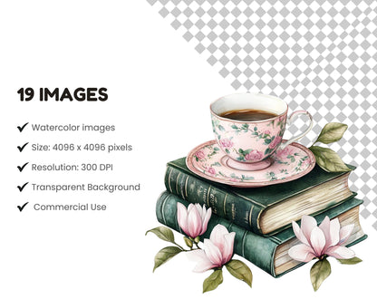 Clipart-Bundle „Kaffee und Buch“ (PNG), Aquarell-Buch-Clipart, Kaffee-Clipart, Buch-Clipart, Blumen-Kaffee (PNG), Blumen-Buch (PNG), Sofort-Download