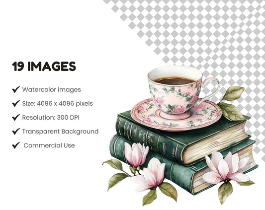 Coffee And Book Clipart Bundle png, Watercolor Book Clipart, Coffee Clipart, Book ong, Floral Coffee png, Floral Book Png, Instant Download