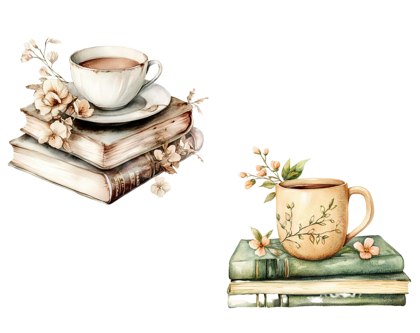 Clipart-Bundle „Kaffee und Buch“ (PNG), Aquarell-Buch-Clipart, Kaffee-Clipart, Buch-Clipart, Blumen-Kaffee (PNG), Blumen-Buch (PNG), Sofort-Download