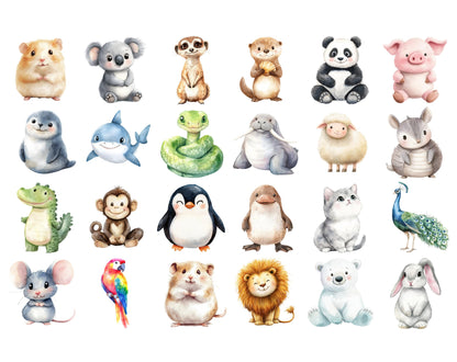 50 niedliche Tier-Cliparts (PNG-Bundle), Aquarell-Tier-Cliparts, Tier-Cliparts, skurrile Tier-Cliparts, Baby-Tier-Cliparts zum Ausdrucken