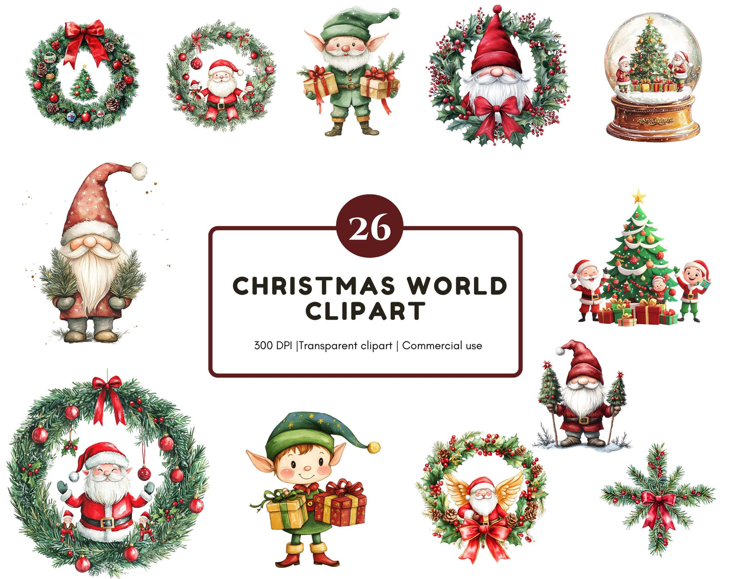 Watercolor Christmas Clipart Bundle png, Christmas Clipart Bundle, Merry Christmas Clipart, Watercolor Santa Claus Clipart, Christmas Tree