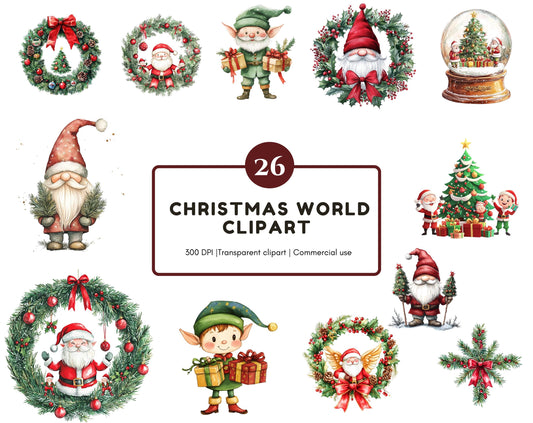 Watercolor Christmas Clipart Bundle png, Christmas Clipart Bundle, Merry Christmas Clipart, Watercolor Santa Claus Clipart, Christmas Tree