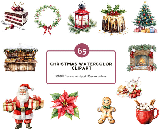 Watercolor Christmas Clipart Bundle png, Christmas Elements Clipart, Christmas png, Xmax png, Snowman Clipart, Christmas Santa Clipart