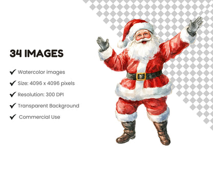 Christmas Elements Clipart Bundle png, Watercolor Christmas Elements Clipart, Christmas Decoration Clipart, Santa Png, Santa Clipart