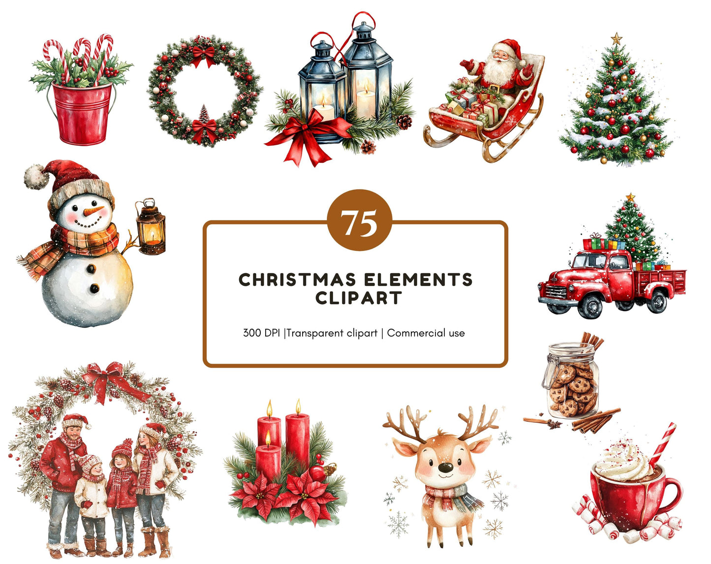 Christmas Elements Clipart Bundle png, Watercolor Christmas Element Clipart, Christmas png, Christmas Ornament Clipart, Christmas Tree png