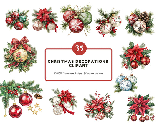 Watercolor Christmas Decor Clipart Bundle png, Christmas Decoration Clipart, Christmas Ornaments Clipart, Merry Christmas png, Ornaments png