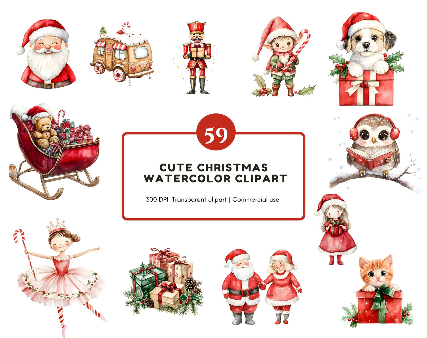 Cute Christmas Clipart Bundle png, Watercolor Cute Christmas Clipart, Cute Santa Clipart, Cute Christmas png Bundle, Merry Christmas png