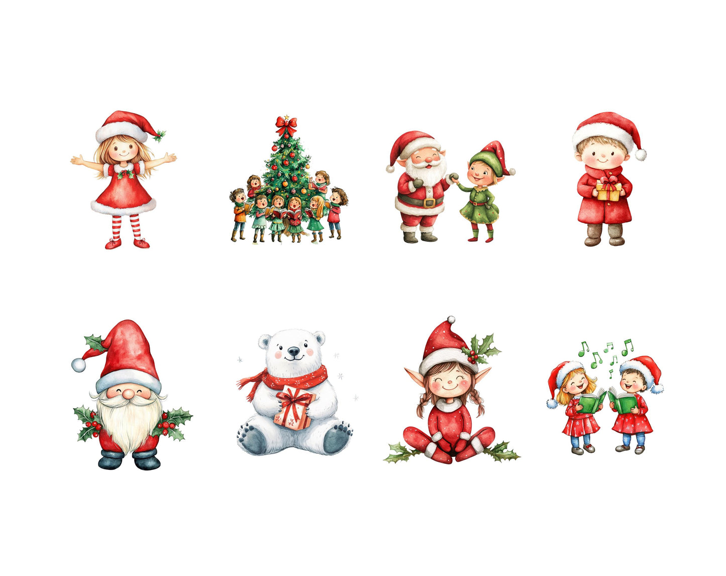 Watercolor Cute Christmas Clipart, Cute Christmas Animal Clipart, Cute Santa Clipart, Cute Christmas Characters, Santa Village Clipart png