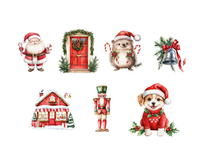 Watercolor Cute Christmas Clipart, Cute Christmas Animal Clipart, Cute Santa Clipart, Cute Christmas Characters, Santa Village Clipart png