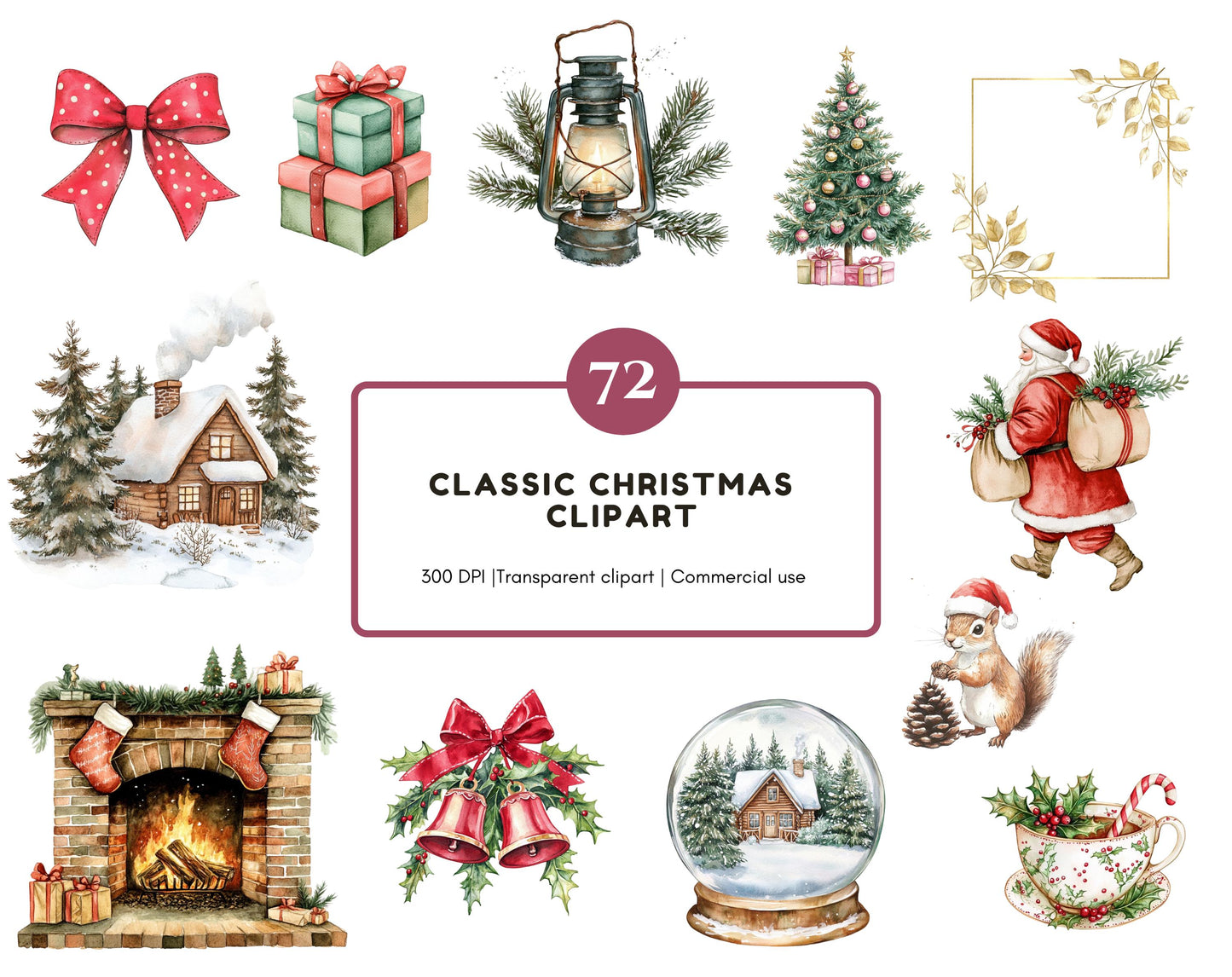 Classic Christmas Clipart Bundle, Watercolor Christmas Clipart, Christmas Collection Clipart, Winter Christmas Clipart, Christmas Characters