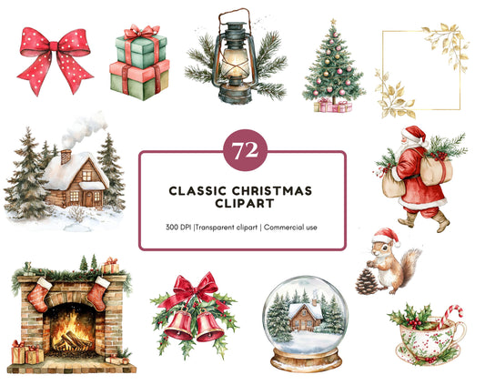 Classic Christmas Clipart Bundle, Watercolor Christmas Clipart, Christmas Collection Clipart, Winter Christmas Clipart, Christmas Characters