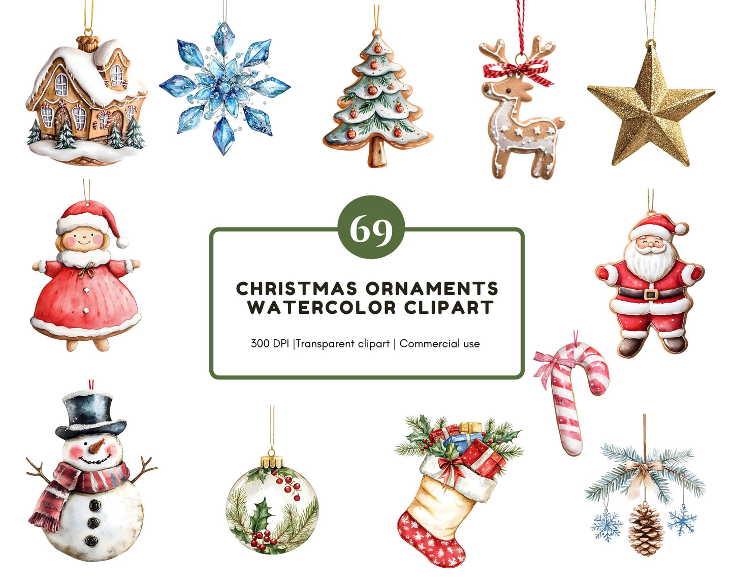 Watercolor Christmas Ornaments Clipart Bundle png, Christmas Ornaments png, Christmas Elements Clipart, Ornaments Clipart, Elements Clipart
