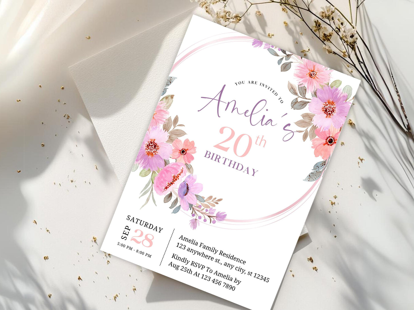 Floral 20th Birthday Invitation Template, Pink Flowers (Instant Download)