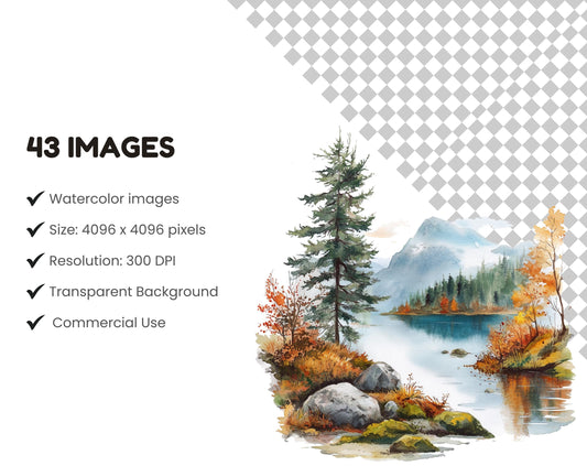 Lake Landscape Clipart Bundle, Landscape Clipart, Lake Clipart png Bundle, Watercolor Lake Landscape Clipart, Lake Sunrise Clipart