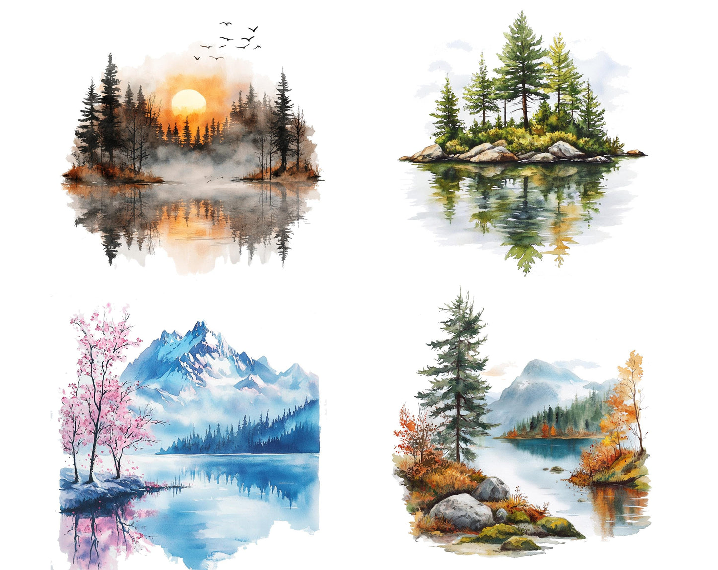 Lake Landscape Clipart Bundle, Landscape Clipart, Lake Clipart png Bundle, Watercolor Lake Landscape Clipart, Lake Sunrise Clipart