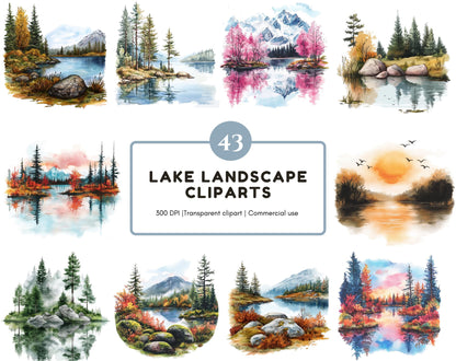 Lake Landscape Clipart Bundle, Landscape Clipart, Lake Clipart png Bundle, Watercolor Lake Landscape Clipart, Lake Sunrise Clipart