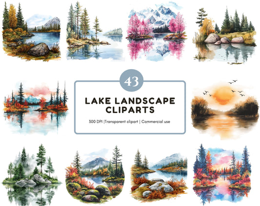 Lake Landscape Clipart Bundle, Landscape Clipart, Lake Clipart png Bundle, Watercolor Lake Landscape Clipart, Lake Sunrise Clipart