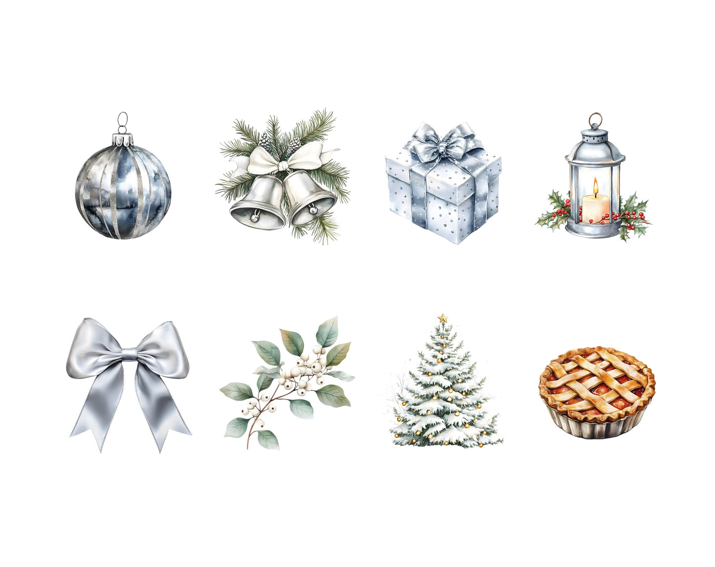 Silver Christmas Clipart Bundle, Silver Christmas Elements Clipart, Watercolor Christmas Clipart, Neutral Christmas png, Winter Christmas