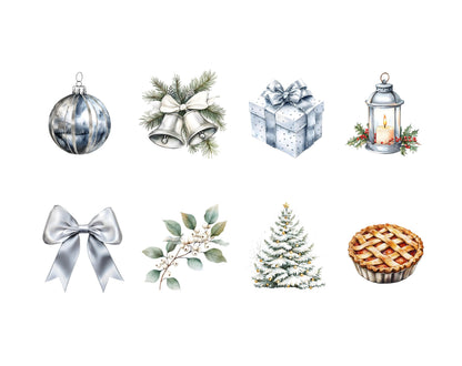 Silver Christmas Clipart Bundle, Silver Christmas Elements Clipart, Watercolor Christmas Clipart, Neutral Christmas png, Winter Christmas