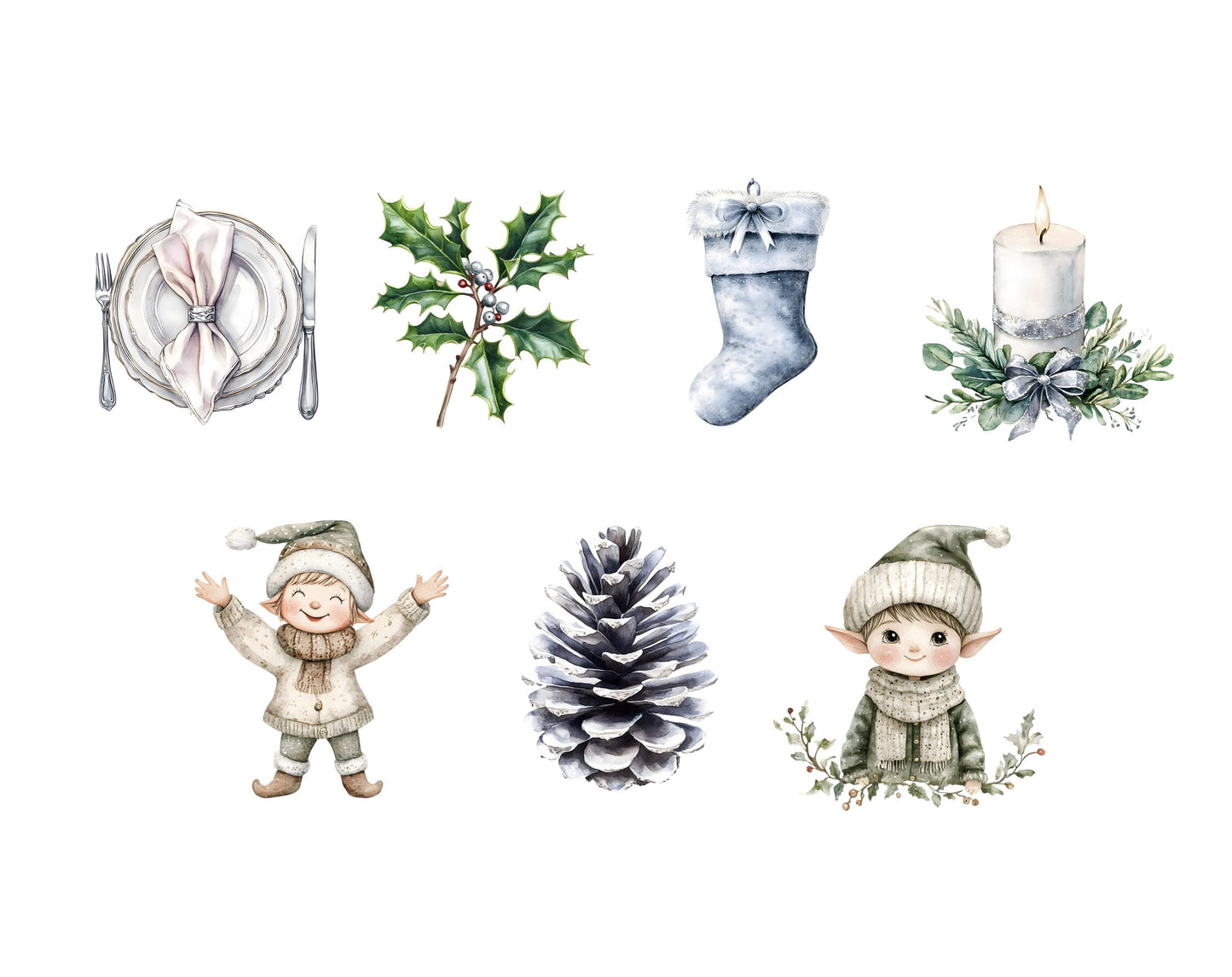 Silver Christmas Clipart Bundle, Silver Christmas Elements Clipart, Watercolor Christmas Clipart, Neutral Christmas png, Winter Christmas